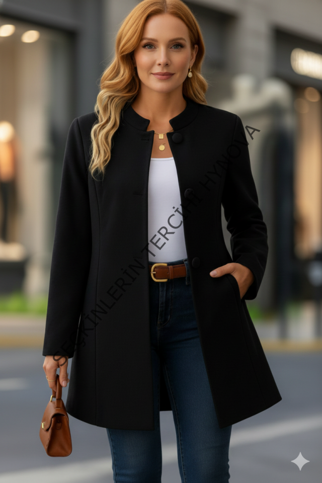 Kadın Uzun Kollu Yakalı önü Düğmeli Ithal Kaşe Astarlı Kaban