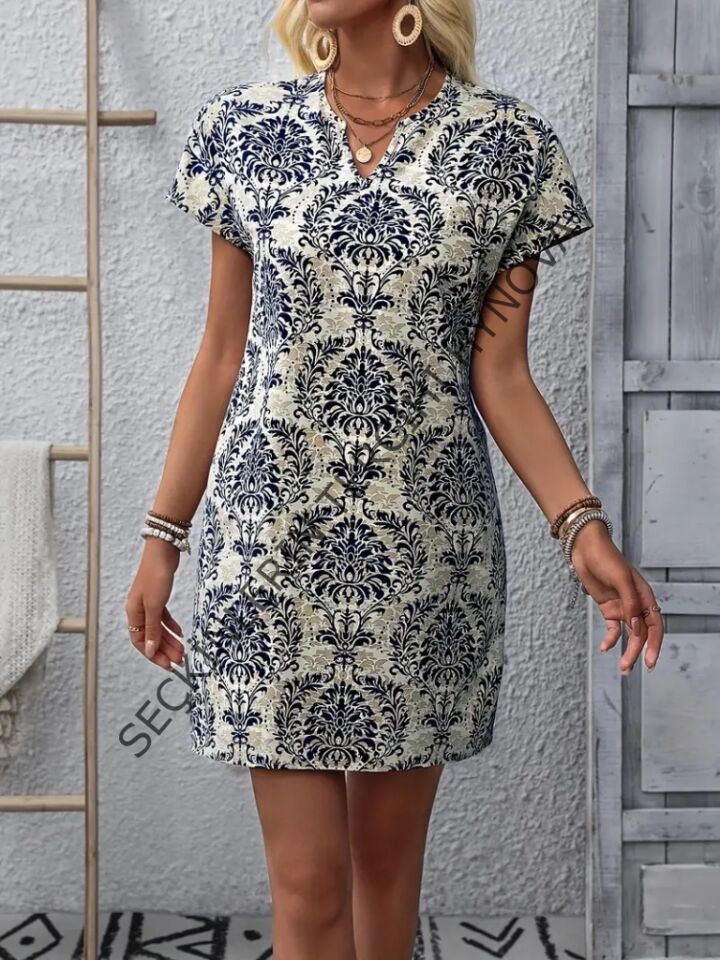 Kadın Kısa Kollu çentik Yaka çiçek Desenli Keten Elbise