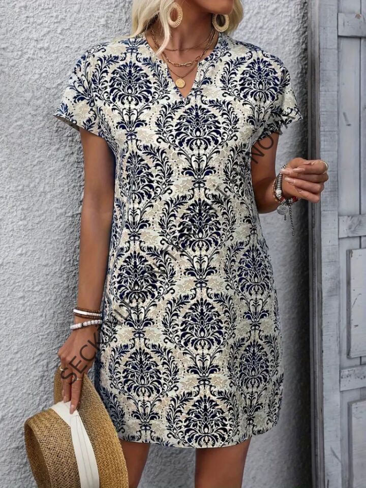Kadın Kısa Kollu çentik Yaka çiçek Desenli Keten Elbise