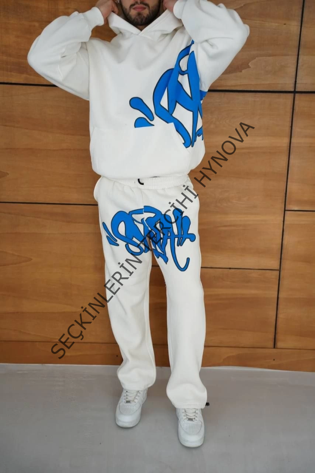 Erkek Kapüşonlu Eşofman Takım Graffiti BaskılıOversize Rahat Kalıp, Kanguru Cepli, Streetwear Tarzında Premium Ürün 3 Iplik Pamuklu - Beyaz