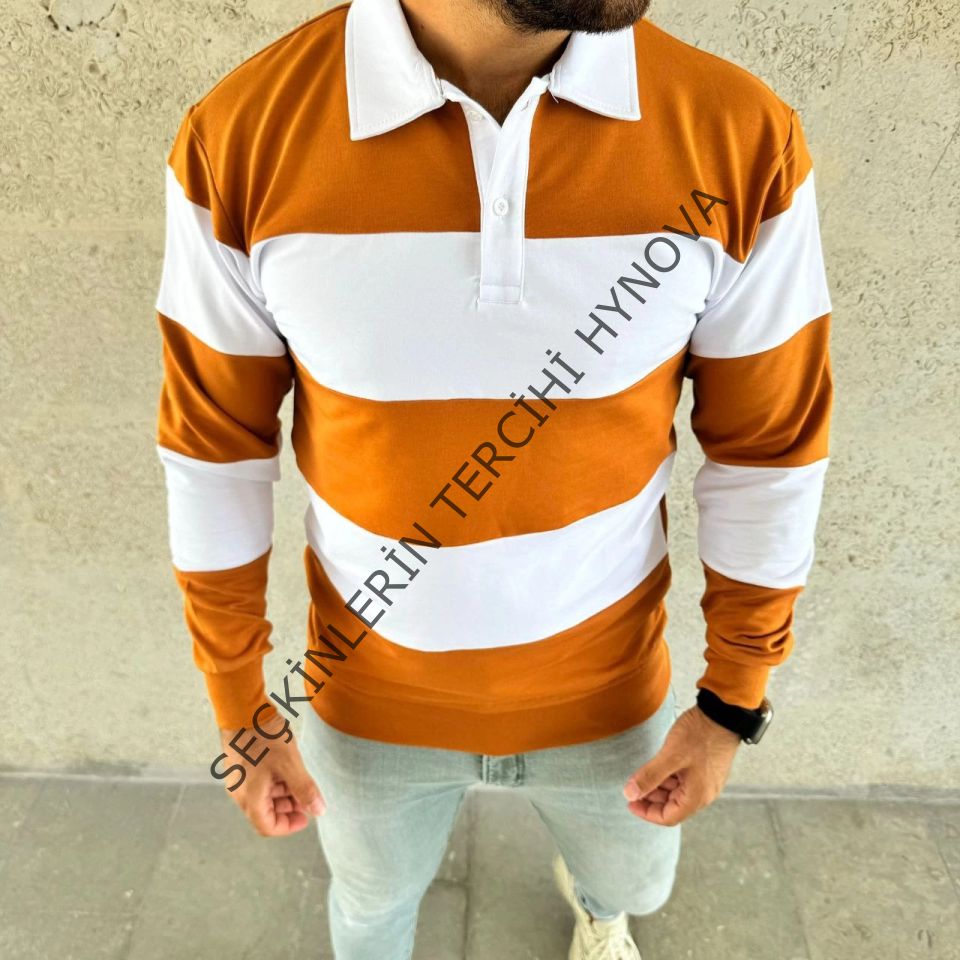 Erkek Polo Yaka Uzun Kollu Çizgili Sweatshirt Trend Rugby Stil - Turuncu