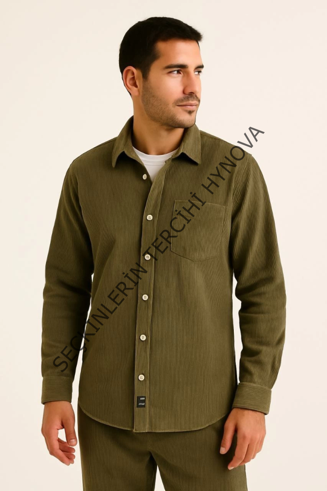 Erkek Fitilli Kadife Cepli Gömlek Oversize Rahat Kalıp - Haki