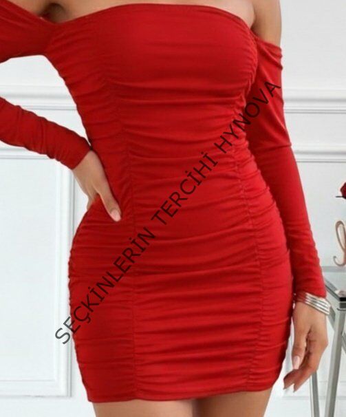 Kadın Uzun Kollu Omuzlardan Açık Takma Kollu Büzgülü Sandy Kısa Elbise