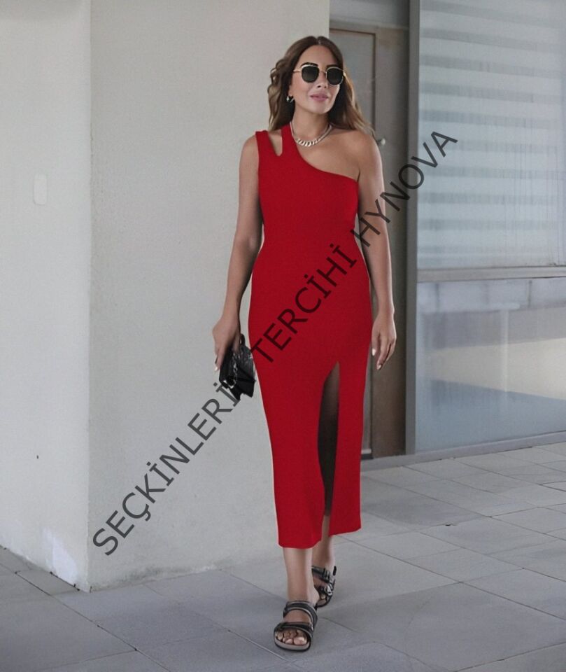 Kadın Kolsuz Tek Omuz Damla Detay JanJan Krep Elbise