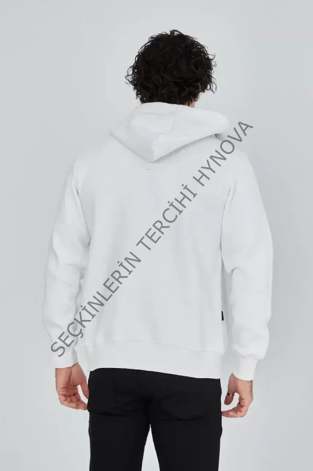 Unisex Tam Fermuarlı Kapşonlu  SweatShirt - Beyaz