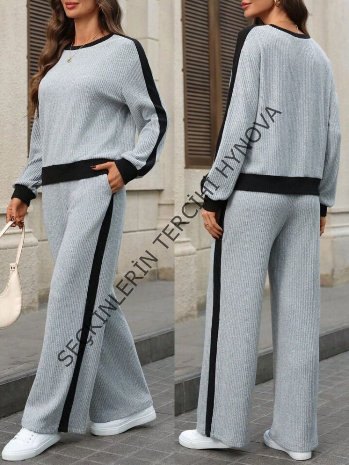 Kadın Uzun Kollu Bisiklet Yaka şardonlu Kaşkorse Bluz Ve Pantolon Ikili Takım