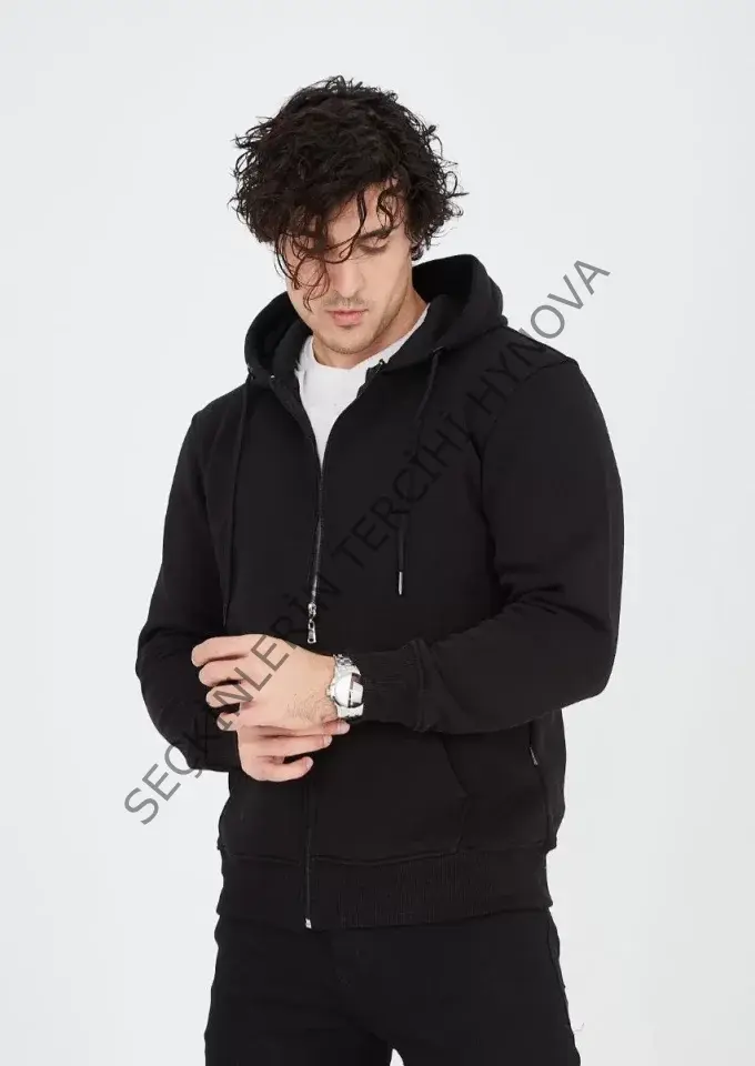 Unisex Tam Fermuarlı Kapşonlu  SweatShirt - Siyah