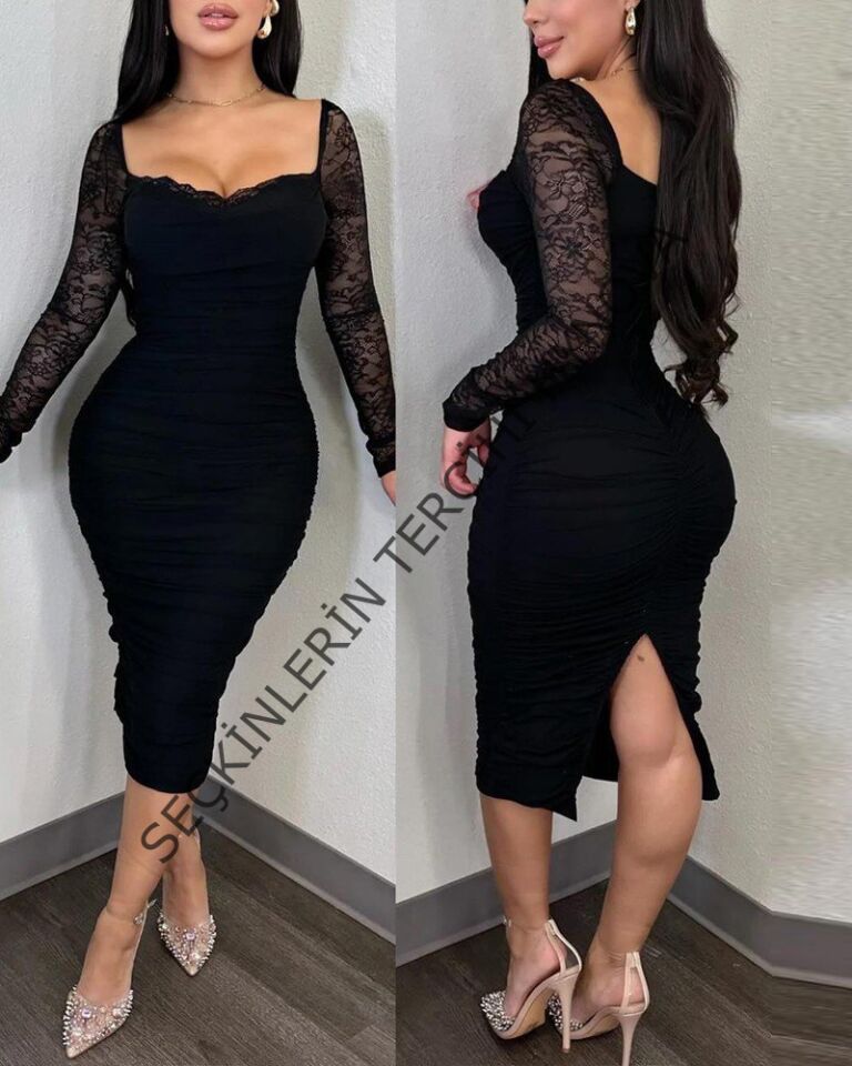 Kadın Uzun Kollu Dantelli Büzgü Detaylı Yırtmaçlı Midi Sandy Elbise