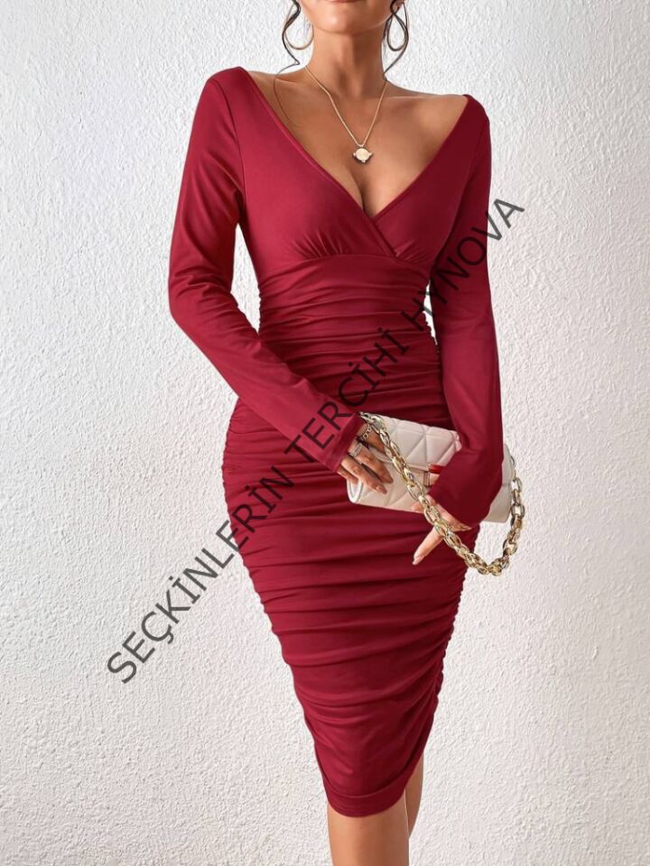 Kadın Uzun Kollu Derin Kruvaze Yakalı Büzgülü Sandy Midi Elbise