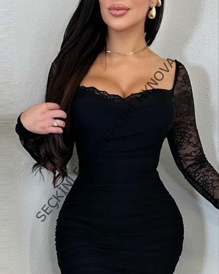 Kadın Uzun Kollu Dantelli Büzgü Detaylı Yırtmaçlı Midi Sandy Elbise