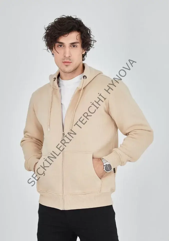 Unisex Tam Fermuarlı Kapşonlu  SweatShirt - Bej