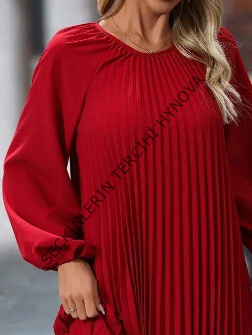 Kadın Uzun Kollu Yuvarlak Yaka Pileli Salaş Mini Ithal Krep Elbise