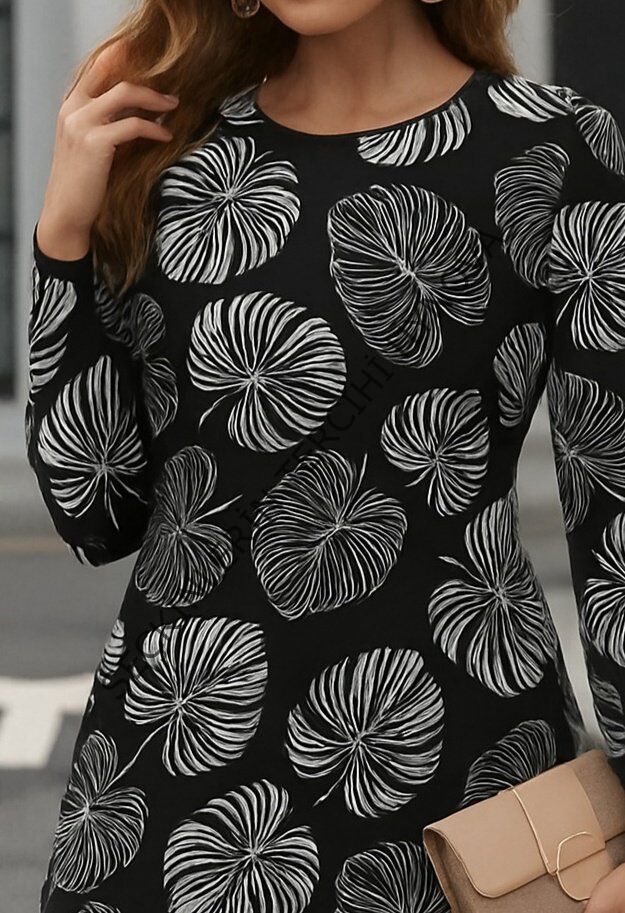 Kadın Uzun Kollu Bisiklet Yaka Desenli Kısa Krep Elbise