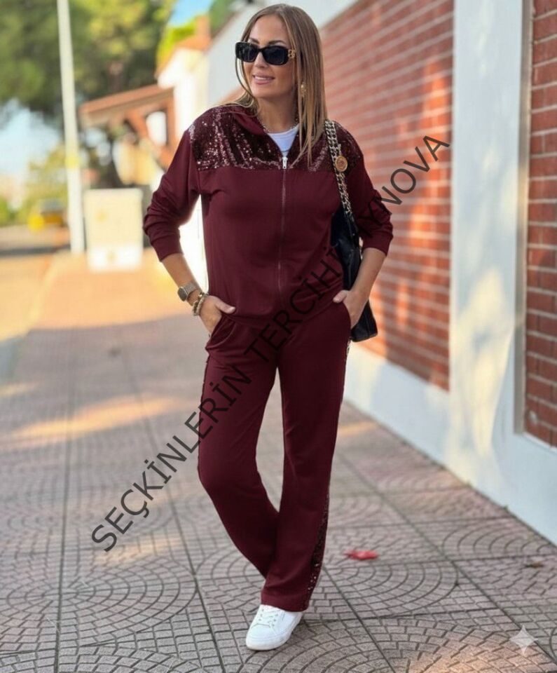 Kadın Uzun Kollu önden Fermuarlı Pul Payetli Alt üst Viskon Iki Iplik Takım