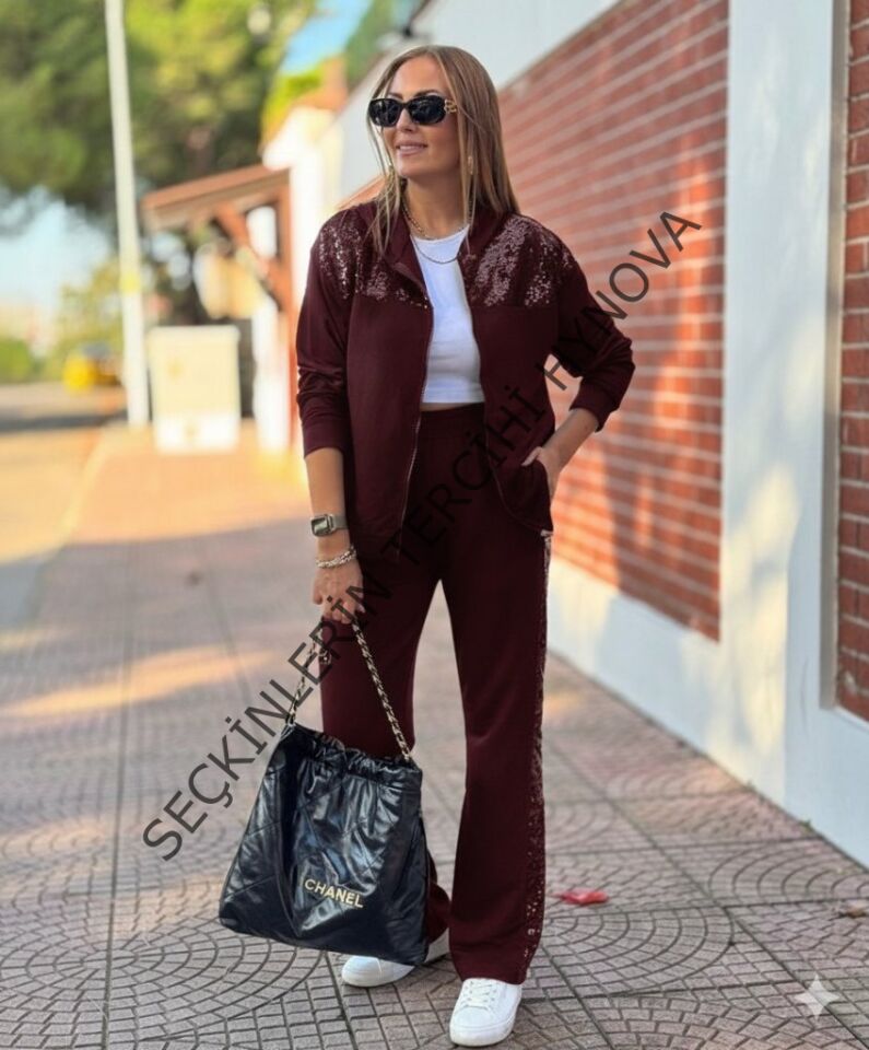 Kadın Uzun Kollu önden Fermuarlı Pul Payetli Alt üst Viskon Iki Iplik Takım