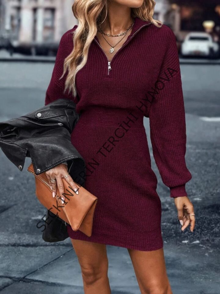 Kadın Uzun Kollu Yakası Fermuarlı Mini Triko Elbise