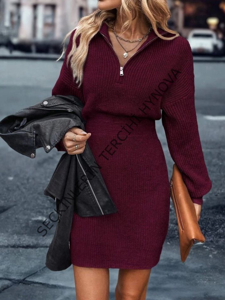 Kadın Uzun Kollu Yakası Fermuarlı Mini Triko Elbise