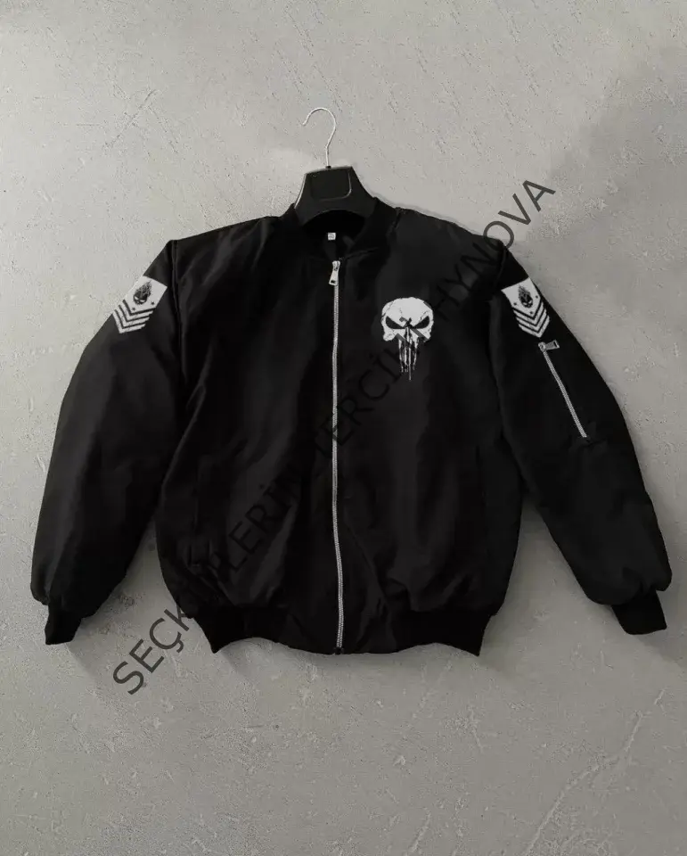 Unisex Uzun Kol Kuru Kafa Baskılı Bomber Ceket - Siyah