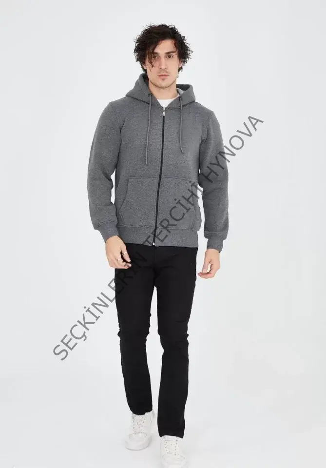 Unisex Tam Fermuarlı Kapşonlu  SweatShirt - Füme