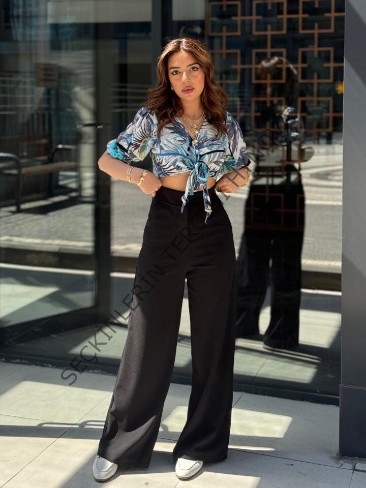 Kadın Yüksek Bel Geniş Paça Detaylı Cepli Ithal Krep Pantolon