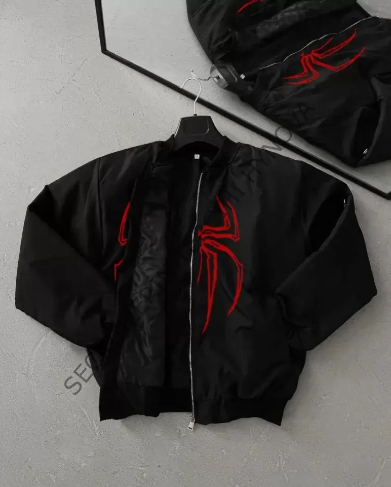 Unisex Uzun Kol Örümcek Baskılı Bomber Ceket - Siyah