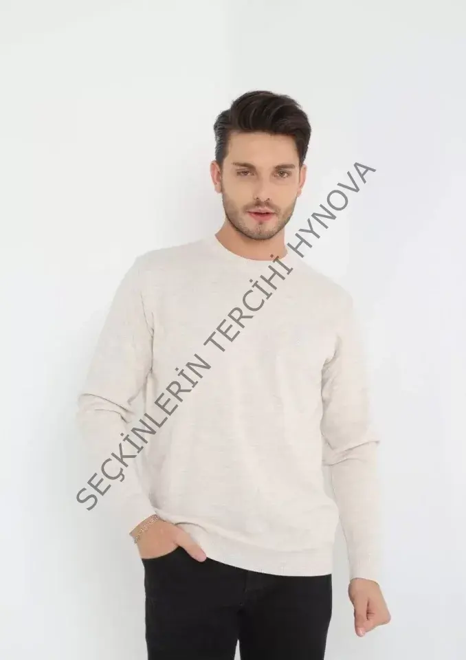 Unisex Uzun Kol Biskilet Yaka Dokuma Triko - Bej