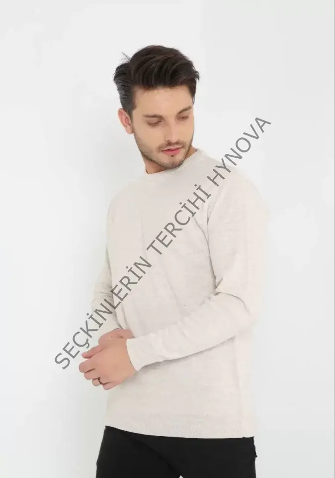 Unisex Uzun Kol Biskilet Yaka Dokuma Triko - Bej