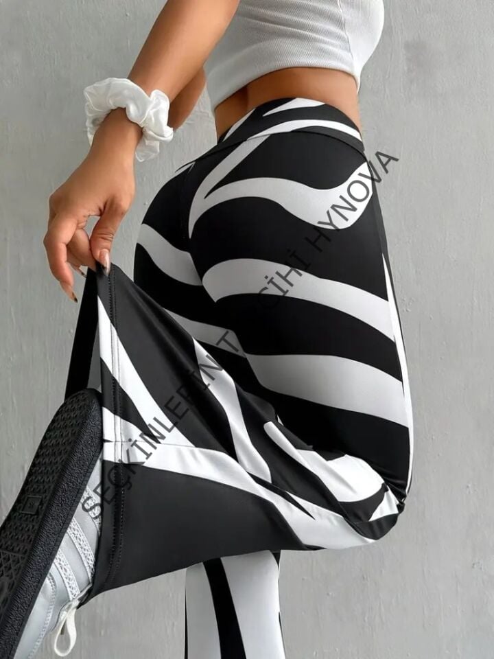 Kadın Yüksek Bel Zebra Desenli Dalgıç Tayt