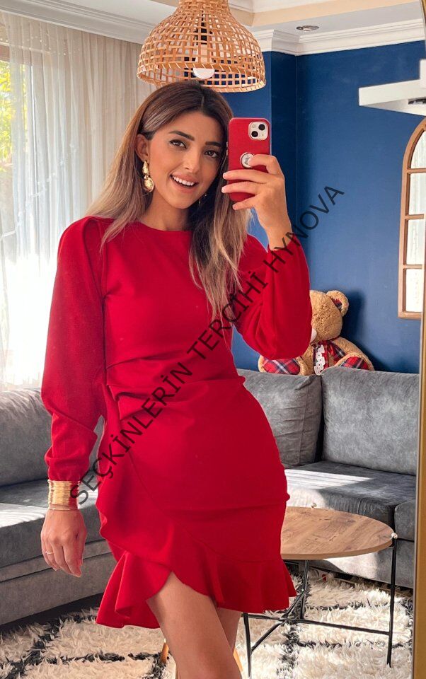 Kadın Uzun Kollu Bisiklet Yaka önden Volanlı Ithal Krep Elbise