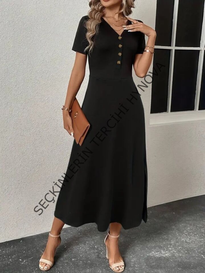 Kadın Kısa Kollu V Yakalı önden Düğmeli Yırtmaçlı Midi Viskon Elbise