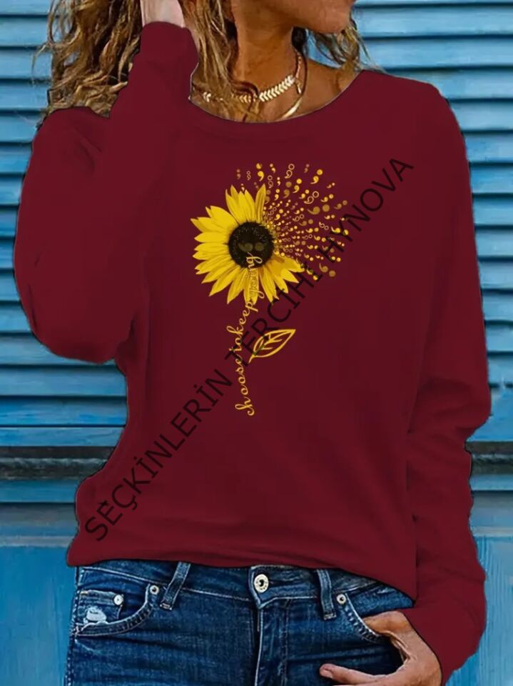 Kadın Uzun Kollu Bisiklet Yaka Ayçiçeği Desenli Viskon Bluz