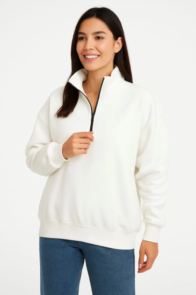 Üç İplik Dık Yaka Yarım Fermuarlı SweatShirt - Beyaz