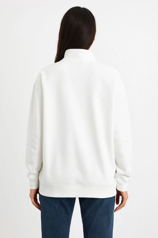Üç İplik Dık Yaka Yarım Fermuarlı SweatShirt - Beyaz