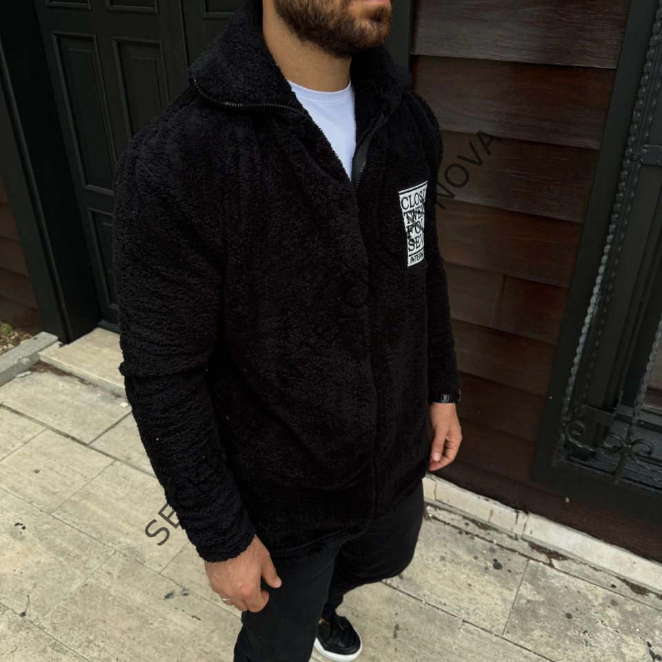 Erkek Polar Fermuarlı Sweatshirt – Kapüşonsuz, Cepli, Yumuşak Dokulu, Oversize Rahat Kalıp, Kışlık Sıcak Tutan Fermuarlı Üst - Siyah