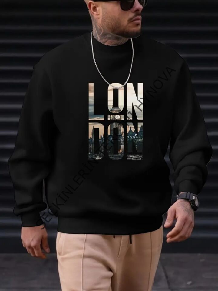 Erkek Uzun Kollu Bisiklet Yaka London Logo Baskılı Iki Iplik Sweat