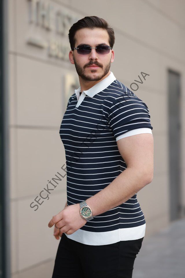 Erkek Kısa Kollu çizgi Desenli örme Kumaş Tshirt