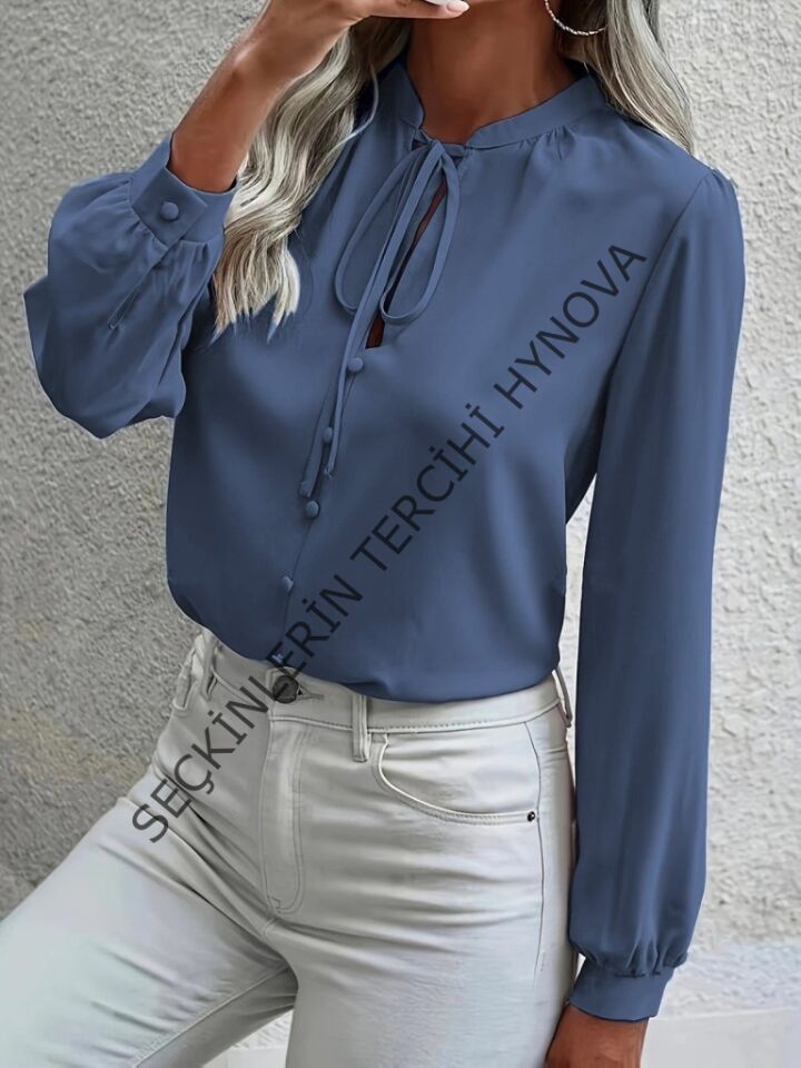Kadın Uzun Kollu Yakalı Yakadan Bağcıklı Düğmeli Sandy Bluz