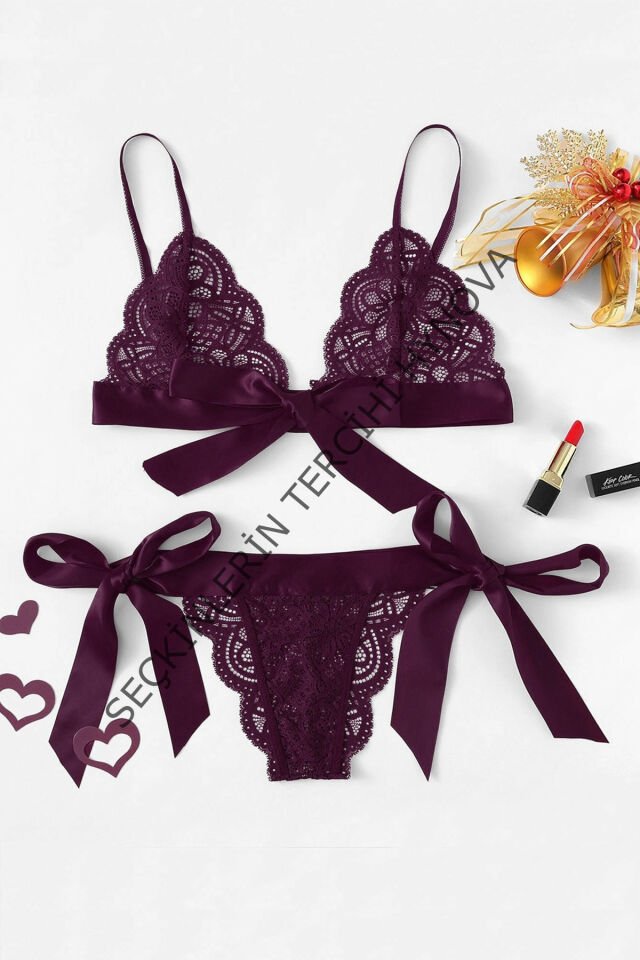 Kadın Mor Kurdelalı Ve Dantelli Sütyen Külot Takımı – Modern, Konforlu ve Günlük Kombinlere Uygun