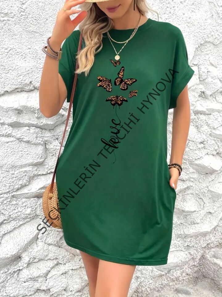 Kadın Kısa Kollu Bisiklet Yaka Cepli Kelebek Baskılı Viskon Elbise