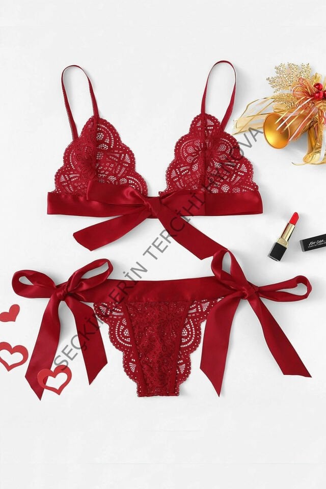 Kadın Bordo Kurdelalı Ve Dantelli Sütyen Külot Takımı – Modern, Konforlu ve Günlük Kombinlere Uygun