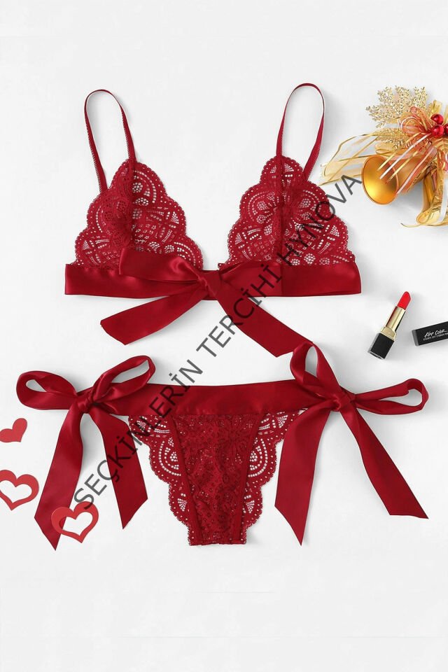 Kadın Bordo Kurdelalı Ve Dantelli Sütyen Külot Takımı – Modern, Konforlu ve Günlük Kombinlere Uygun