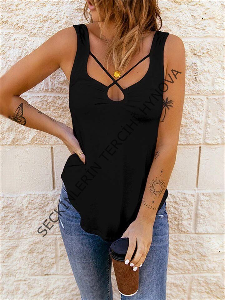 Kadın önden çapraz Detay şerit Askılı Viskon Bluz