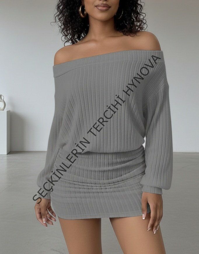 Kadın Uzun Kollu Madonna Yaka Yanlardan Büzgülü şardonlu Kaşkorse Mini Elbise