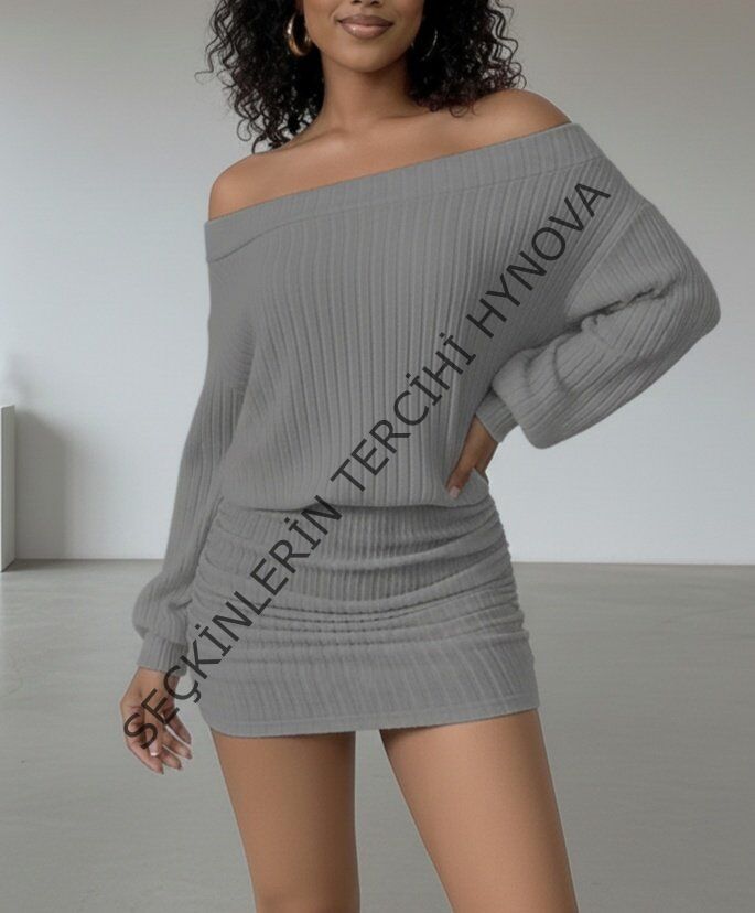 Kadın Uzun Kollu Madonna Yaka Yanlardan Büzgülü şardonlu Kaşkorse Mini Elbise