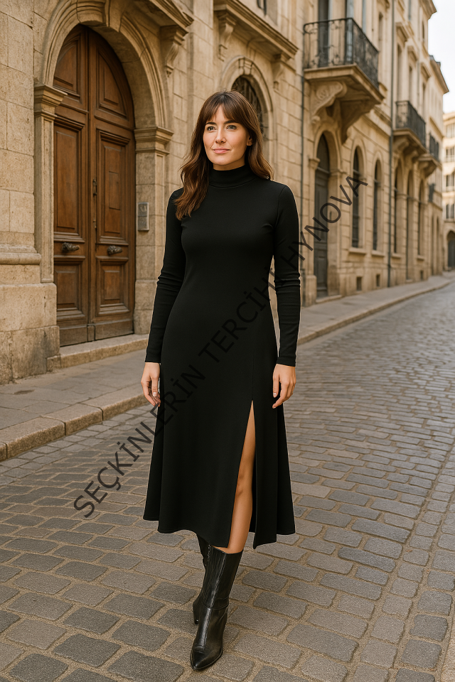 Kadın Uzun Kollu Balıkçı Yaka Derin Yırtmaç Detay Krep Elbise 120 Cm