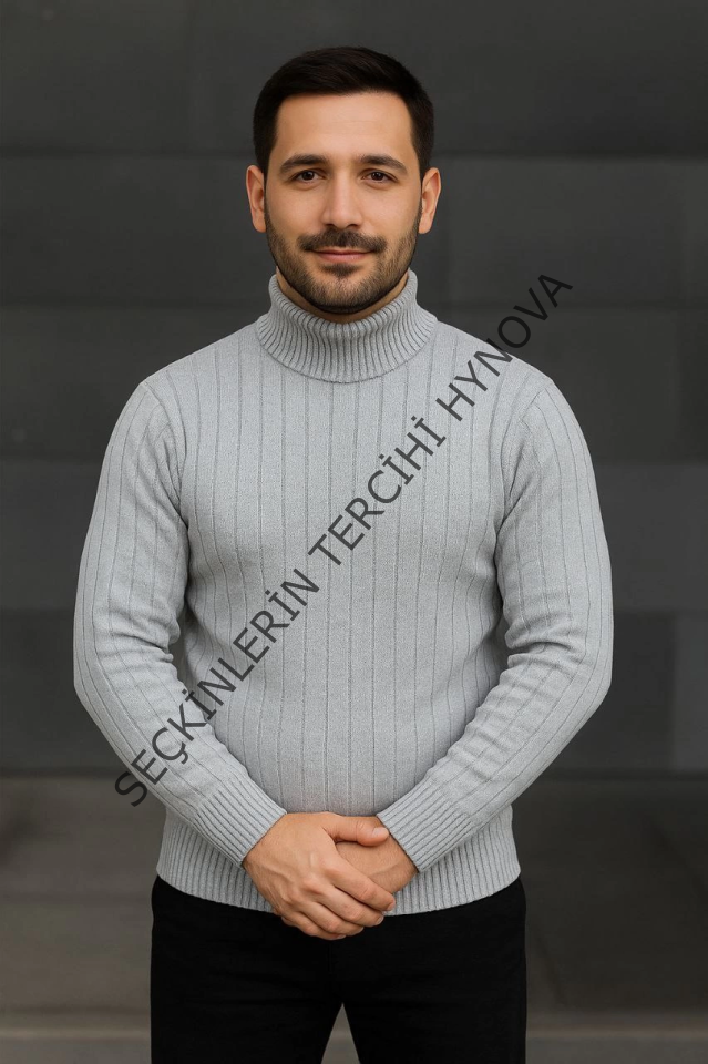 Erkek Balıkcı Yaka Bağazlı Triko Kazak Pamuklu Kalın Fitilli Dokuma, Regular Fit Uzun Kollu Kışlık Model - Gri