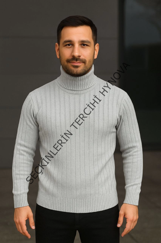 Erkek Balıkcı Yaka Bağazlı Triko Kazak Pamuklu Kalın Fitilli Dokuma, Regular Fit Uzun Kollu Kışlık Model - Gri