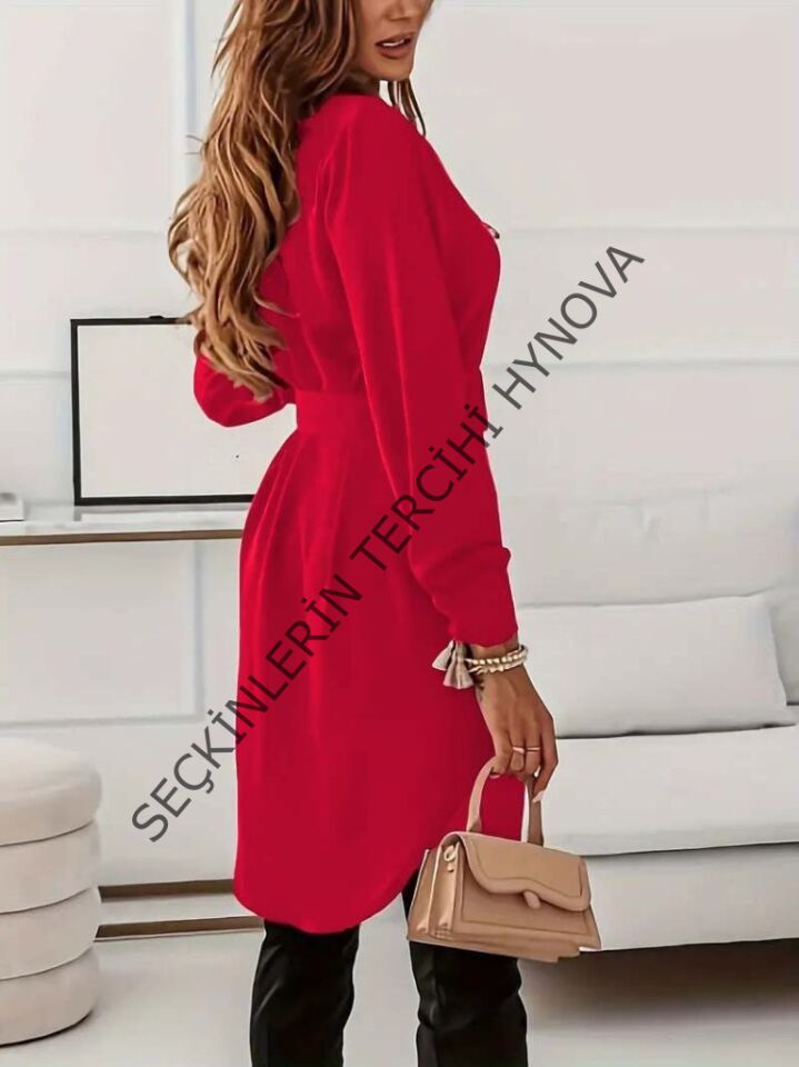 Kadın Uzun Kollu Yakalı Belden Kemerli Kıs Ithal Krep Elbise