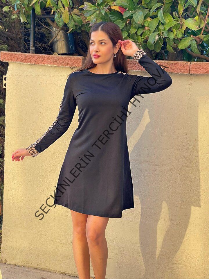 Kadın Uzun Kollu Bisiklet Yaka Kollar Leopar Detay Iki Iplik Mini Boy Elbise