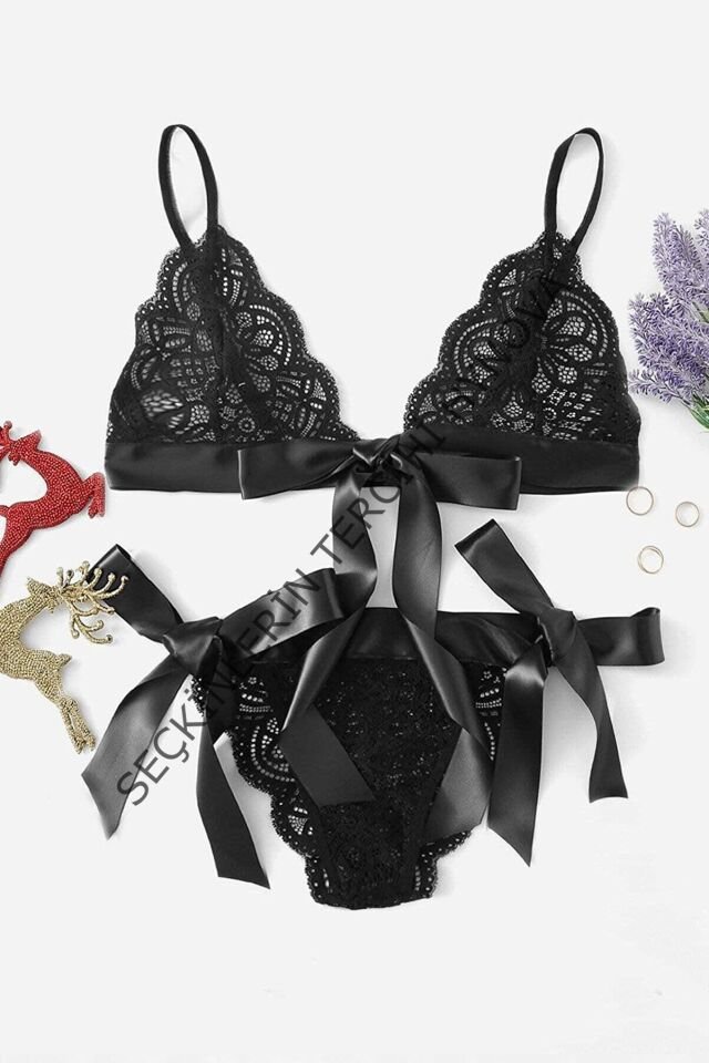 Kadın Siyah Kurdelalı Ve Dantelli Sütyen Külot Takımı – Modern, Konforlu ve Günlük Kombinlere Uygun